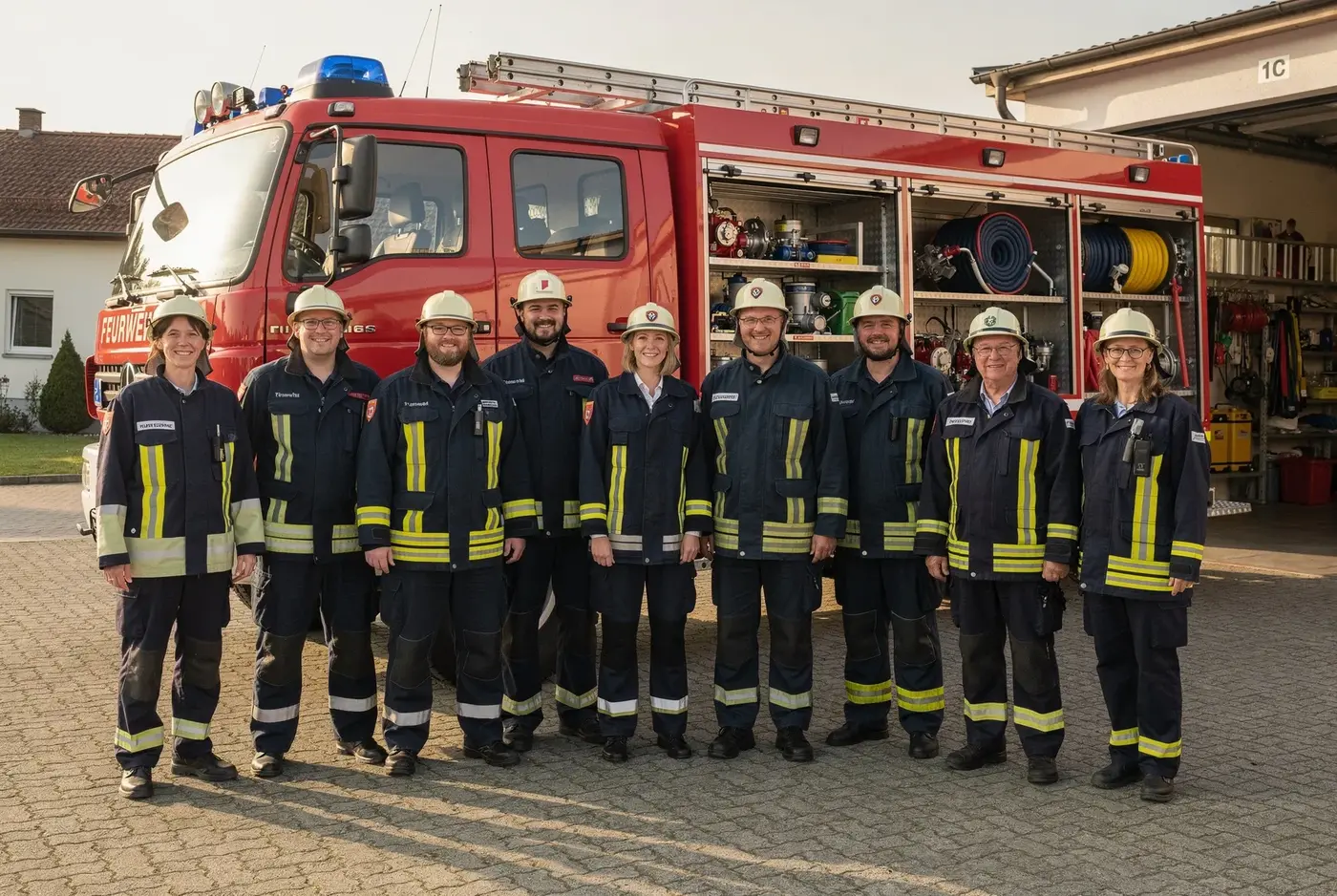 Einsatzkräfte einer freiwilligen Feuerwehr im Gerätehaus