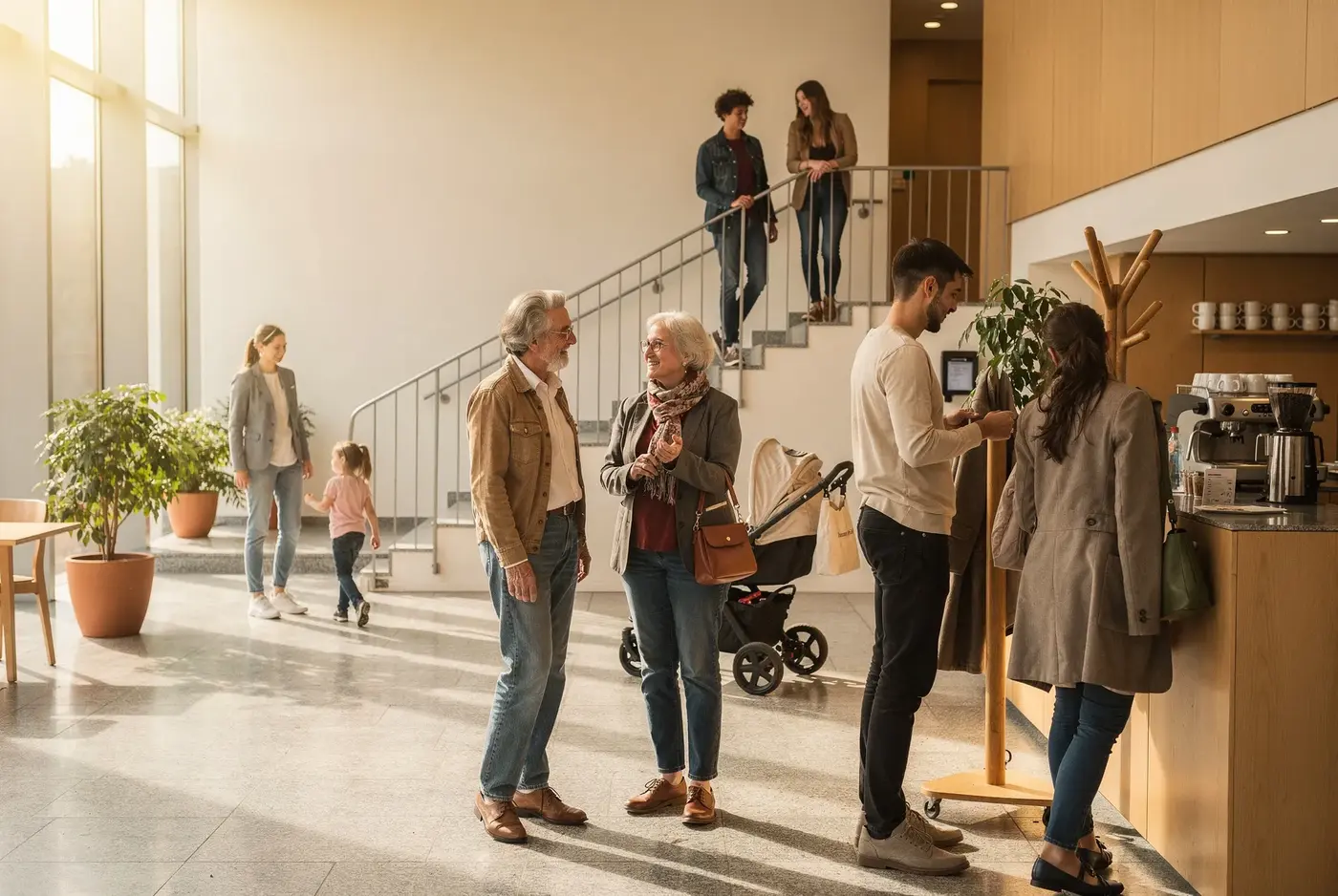 Besucherinnen und Besucher im Foyer eines Stadttheaters